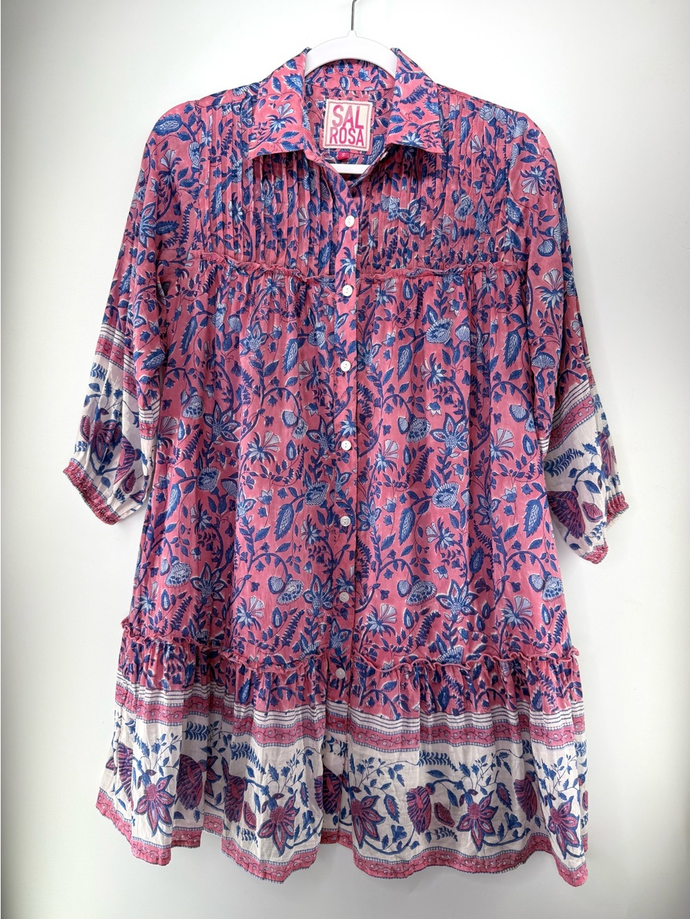 Sal Rosa  Pink & Blue Floral Button Front Mini Shirt Dress Small